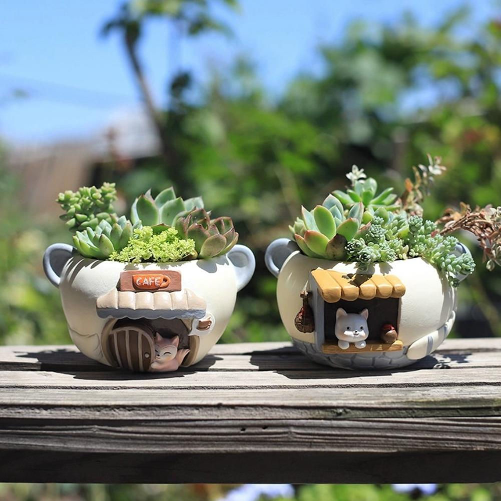 Cute Cat Fox Plant Pot Resin Decor UK Desk