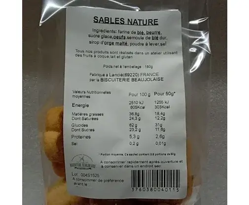 Miniaturbild: Gros plan sur l'étiquette arrière du sachet de sablé pur beurre
