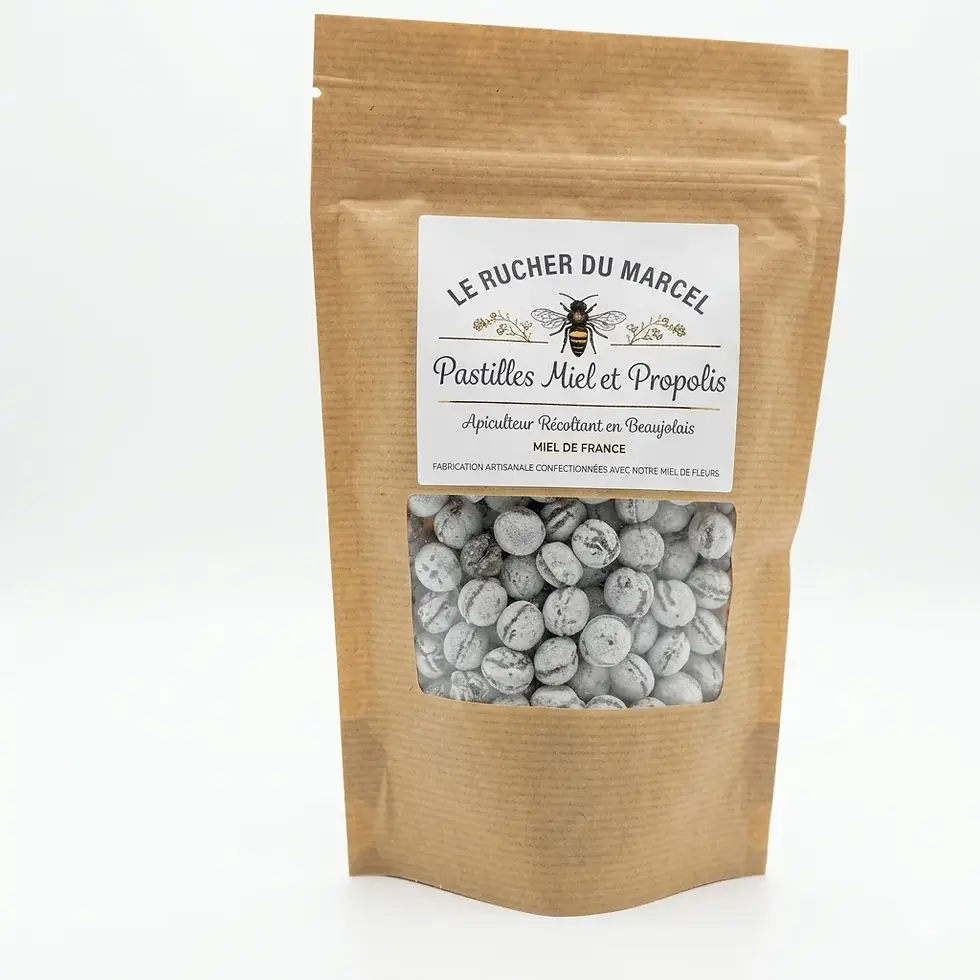 Sachet de pastilles Miel et Propolis sur fond blanc
