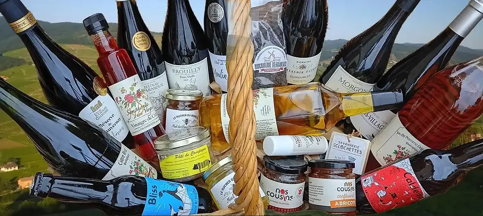 Panier garni de produits du Beaujolais qui entrent dans la composition des coffrets