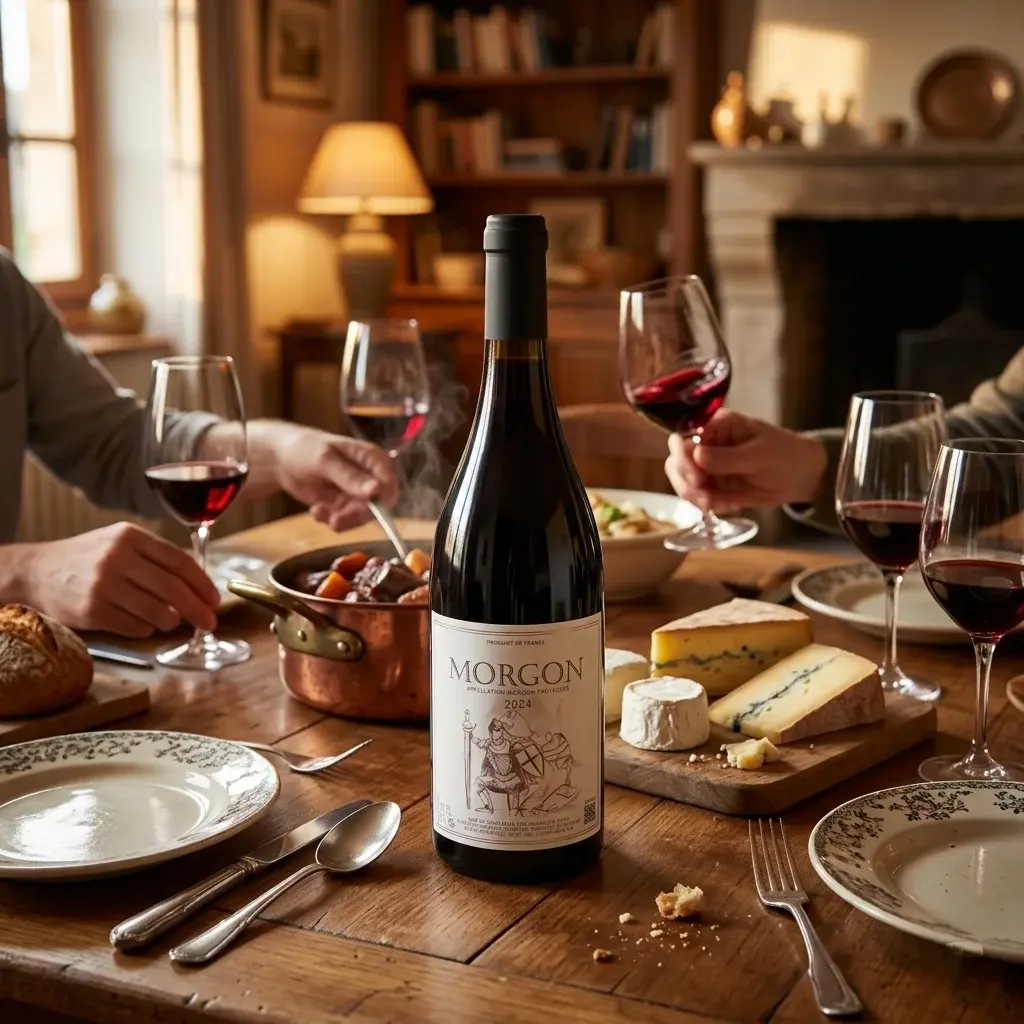 Bouteille de Morgon posée sur une table en bois dans une ambiance chaleureuse de repas entre amis