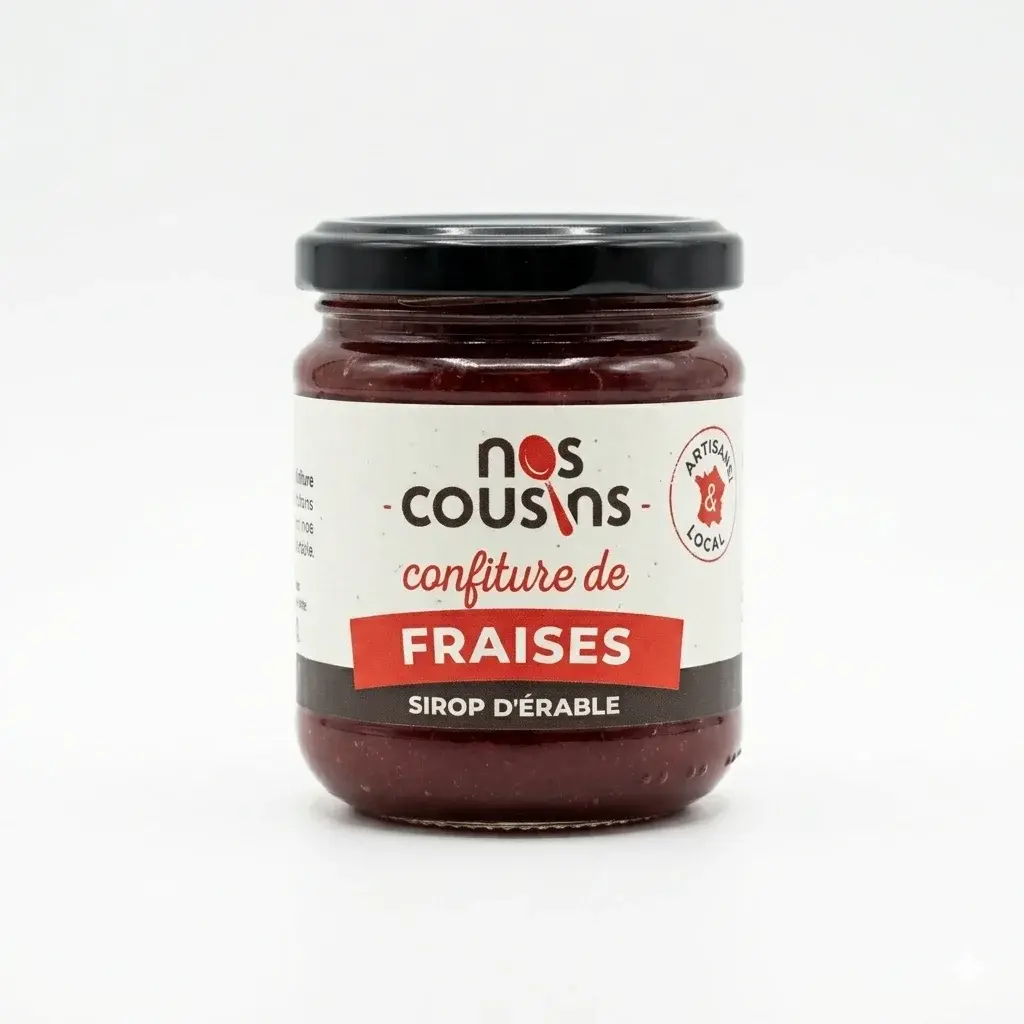 Pot de confiture de fraises au sirop d'érable de la conserverie Nos Cousins sur fond blanc