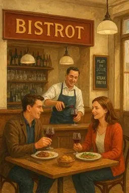 Illustration d'un déjeuner au beaujolais nouveau dans un bistrot faite par chat GPT