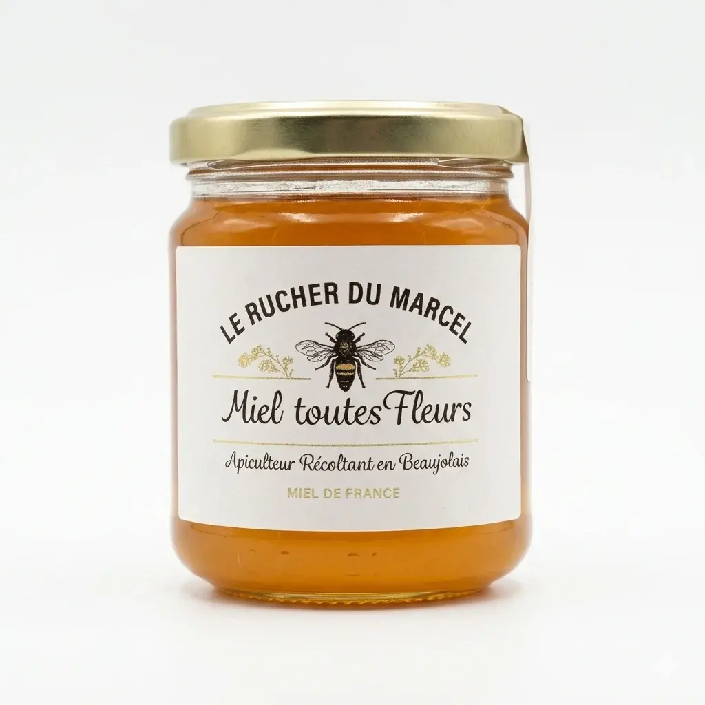 Pot de miel toutes fleurs sur fond blanc