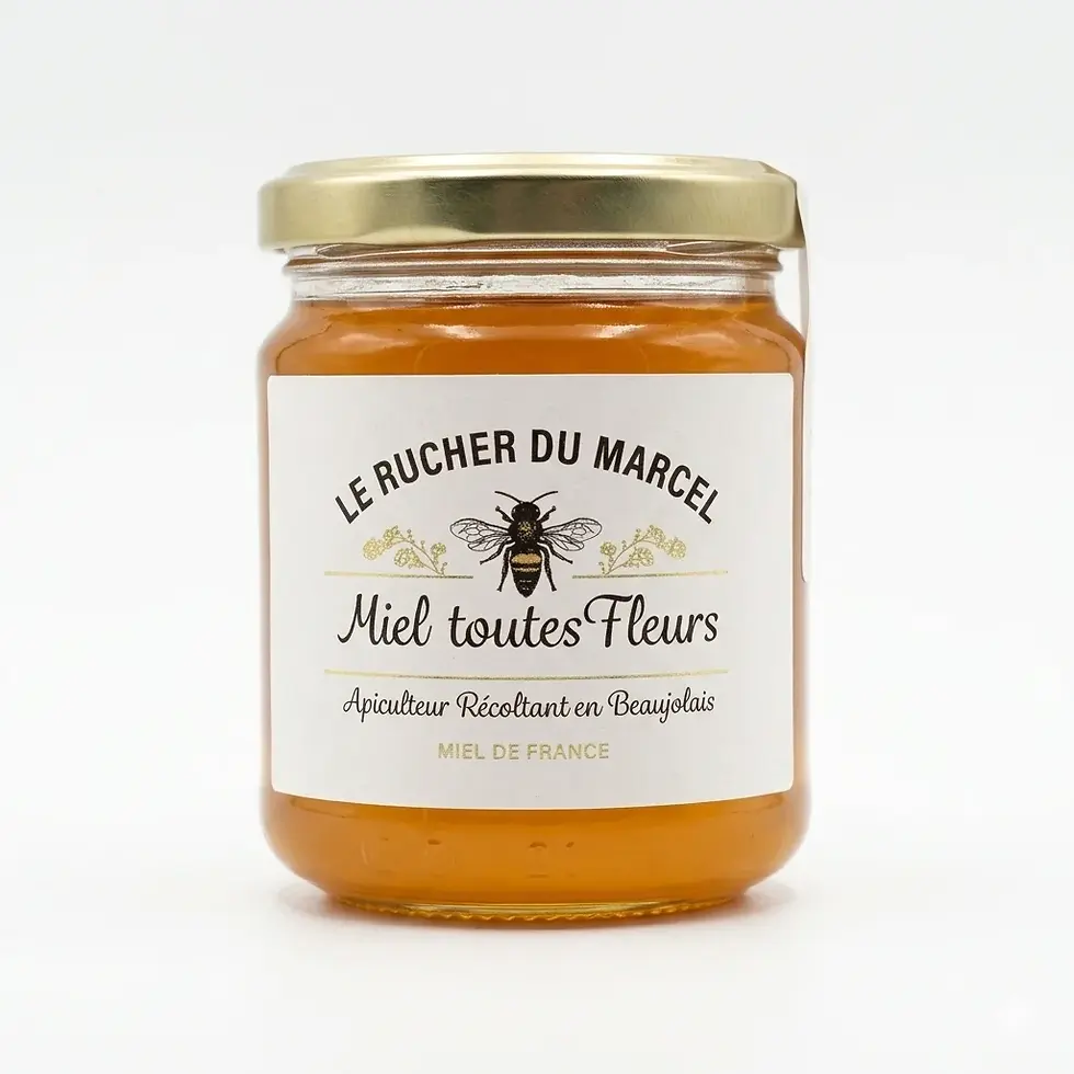 Pot de miel toutes fleurs sur fond blanc