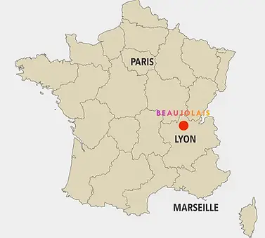 C'est une carte de France avec les emplacement de Paris, Lyon, Marseille, et du Beaujolais