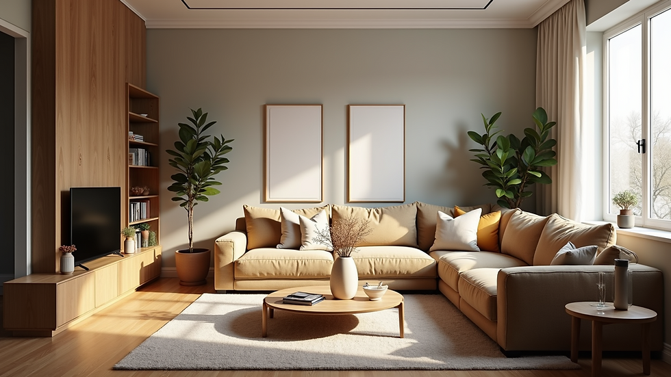 Eye-level view of a cozy, well-staged living room