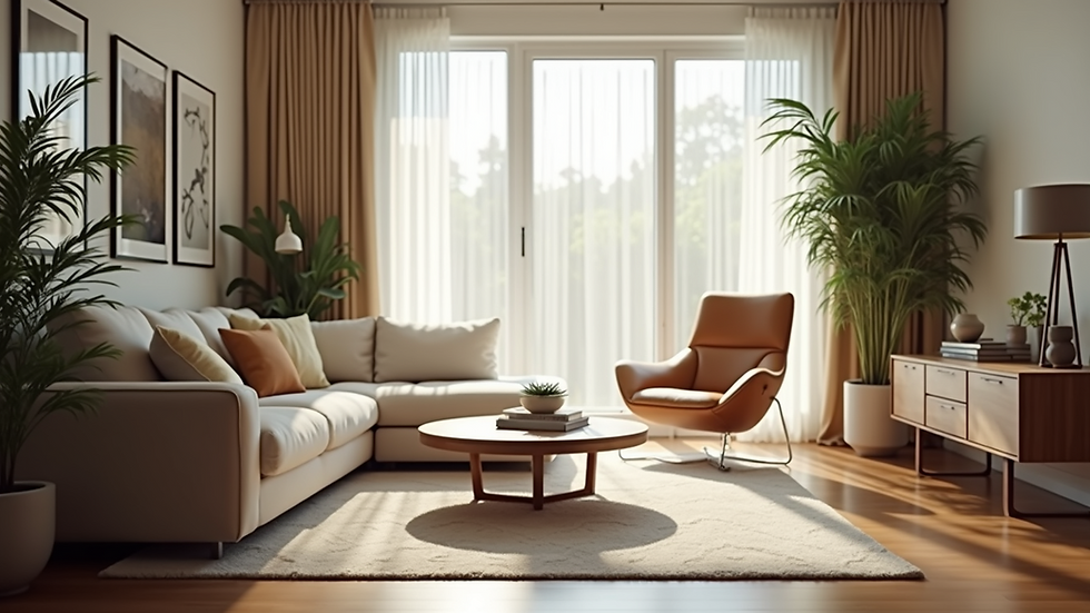 Eye-level view of a well-staged living room with natural light