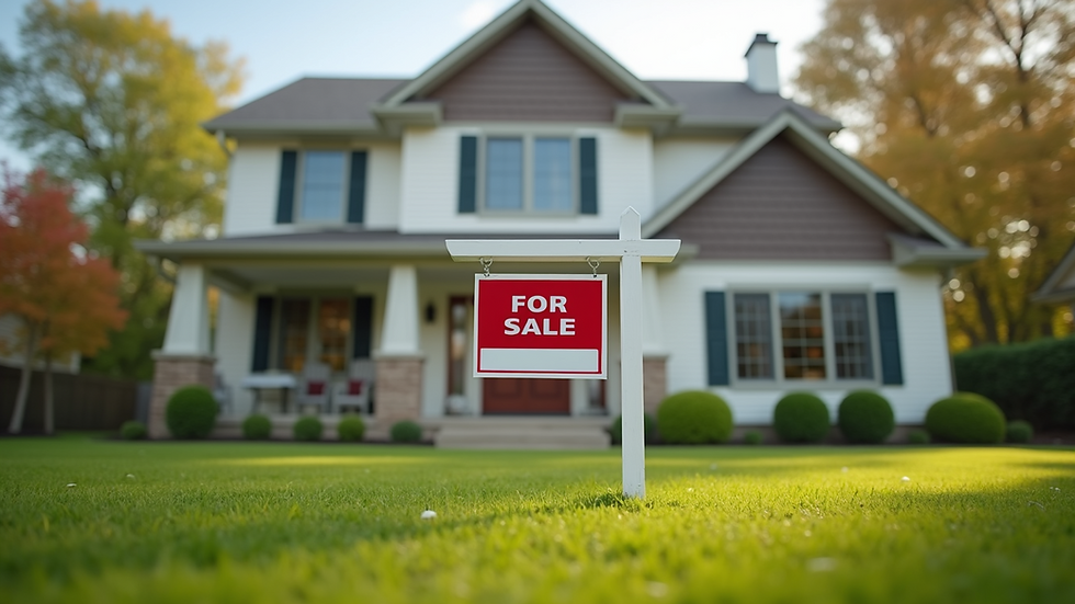 Eye-level view of a home for sale with a "For Sale" sign in the yard