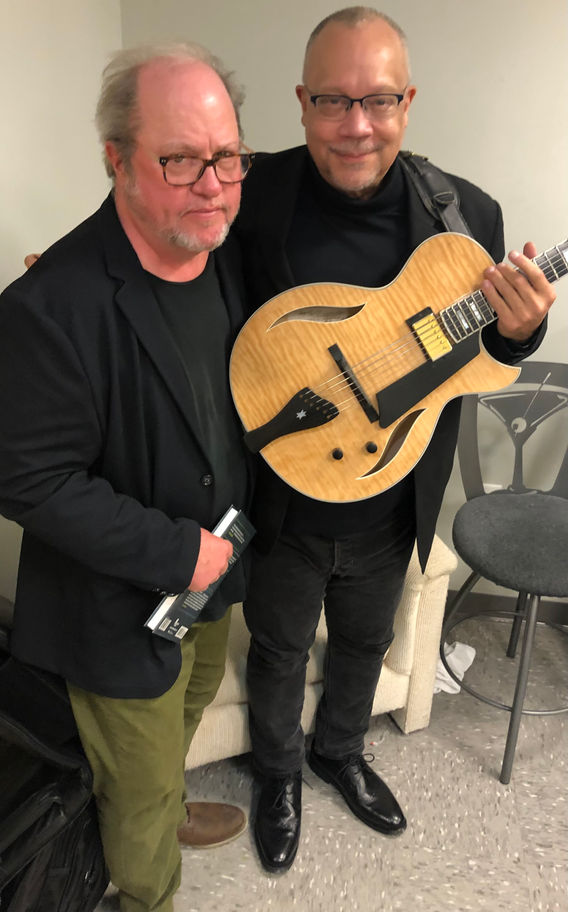 Jazz journalist Bill Milkowski backstage with guitarist Rodney Jones during "A Celebration of Pat Martino" at the Gateway Playhouse in Somers Point, NJ, on Nov. 4, 2022.