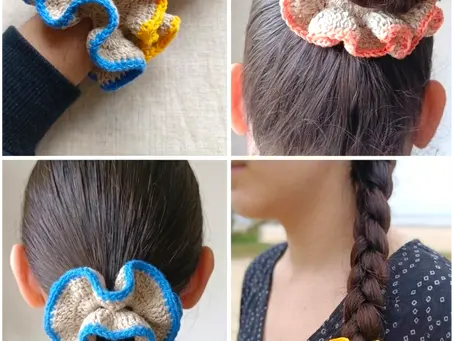 4 idées de coiffures d'été avec le chouchou au crochet en coton et lin : en bracelet, en chignon flou, en queue de cheval et sur une tresse