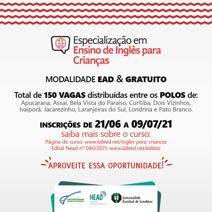 Novo edital: Especialização em Ensino de Inglês para Crianças