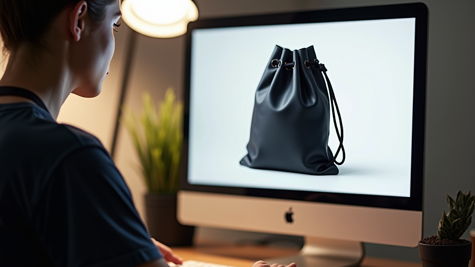 Close-up of a designer working on a computer with a drawstring bag mockup on screen