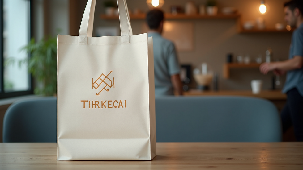 Close-up of a custom printed tote bag with a company logo
