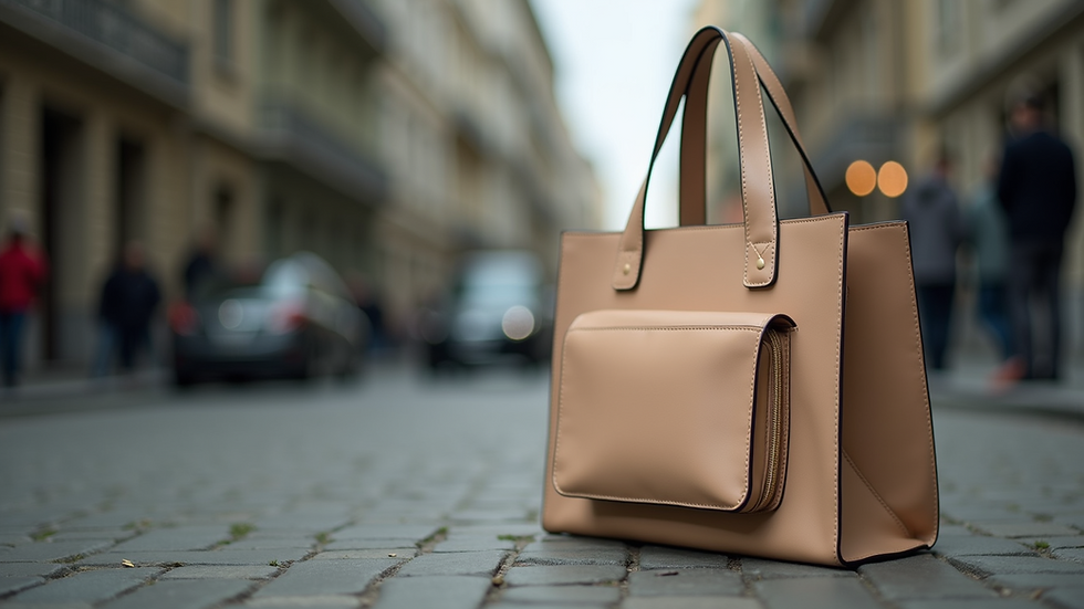 Eye-level view of a branded tote bag with logo on front pocket