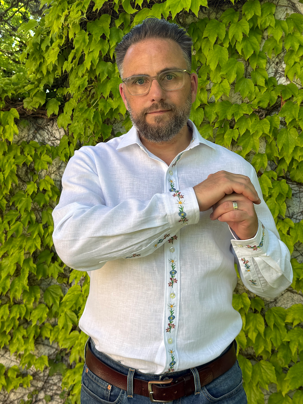 Thumbnail: Thomas white embroidered linen shirt for men front and sleeves view view