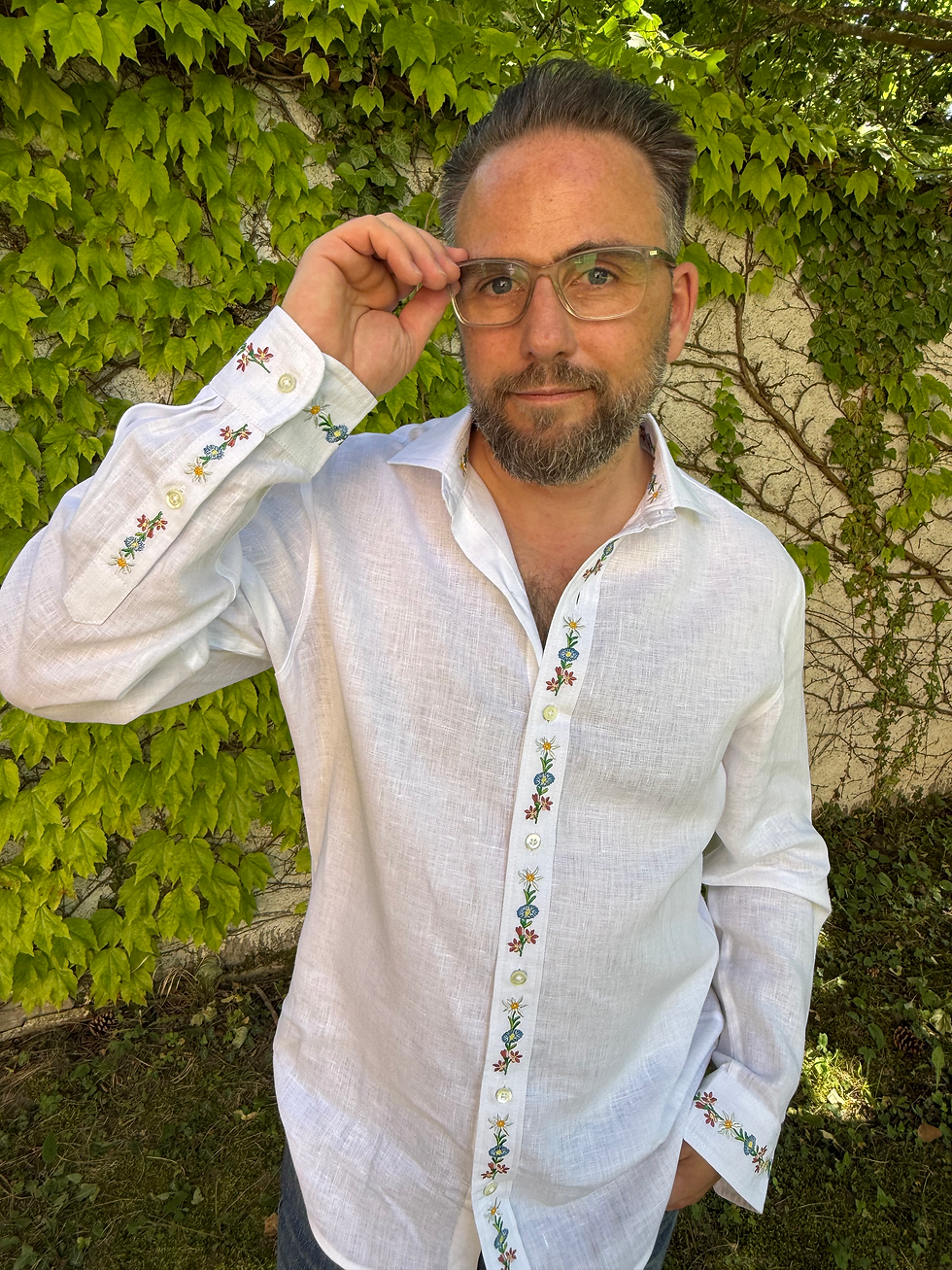 Thumbnail: Thomas white embroidered linen shirt for men front view