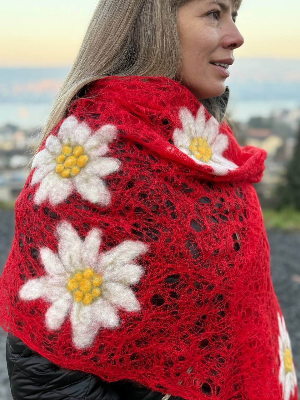 Thumbnail: Red rectangle mohair scarf with felted Edelweiss flowers closeup on Edelweiss