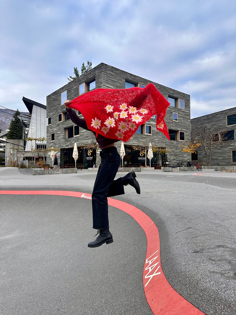 Red triangle mohair scarf with felted Edelweiss flowers