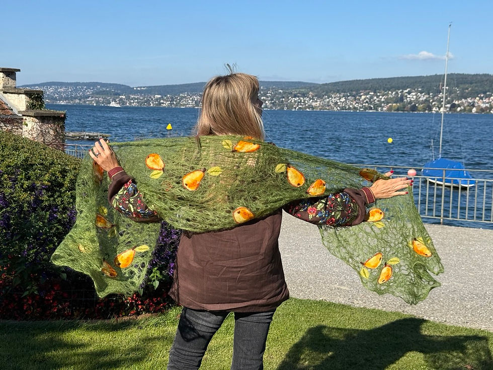 Miniature : Handmade green mohair scarf Autumn Orchard with felted pears backside view