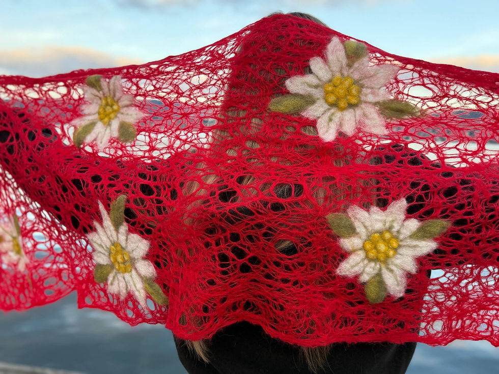 Thumbnail: Red rectangle mohair scarf with felted Edelweiss flowers