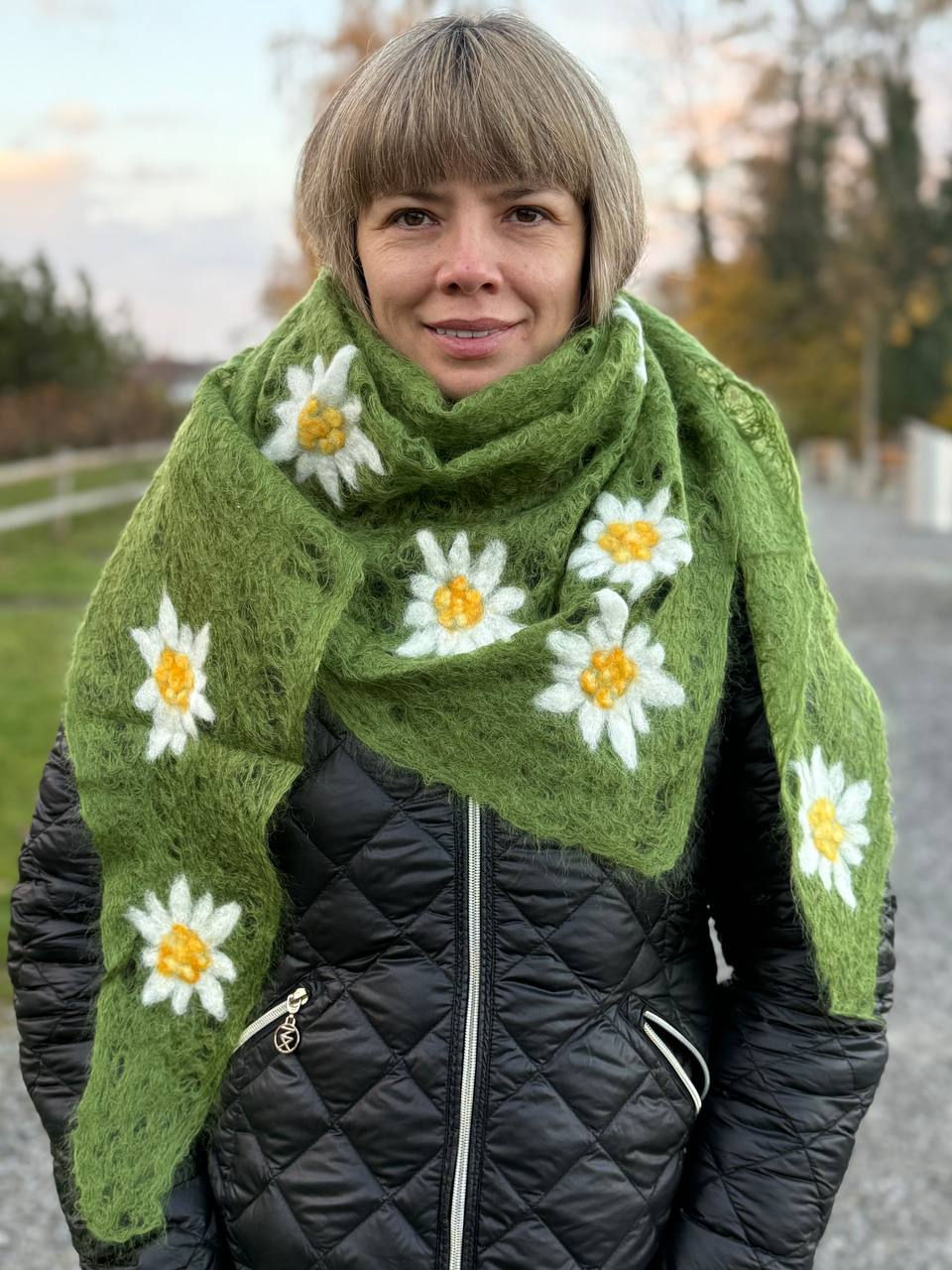 Thumbnail: Handmade mohair scarf triangle shape grass green with felted Edelweiss flowers