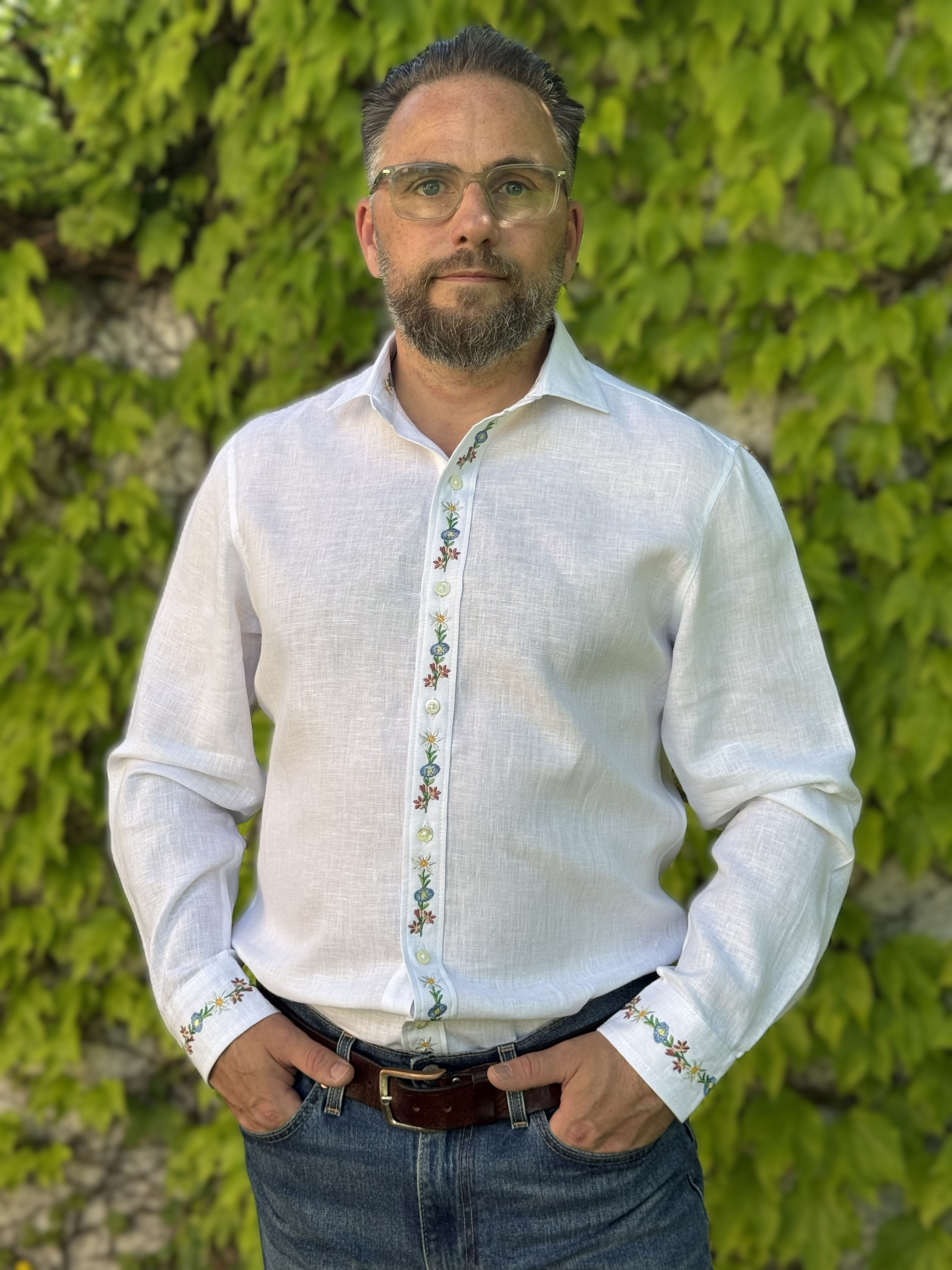 Swiss Alpine flowers embroidered linen shirt for men by Tarcame in white linen