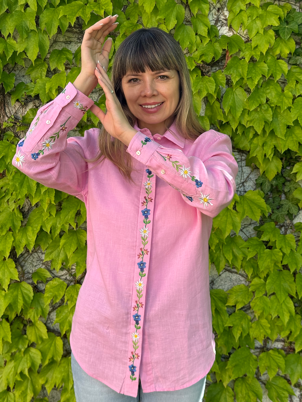 Thumbnail: Anna Pink embroidered linen shirt for women front view lifestyle
