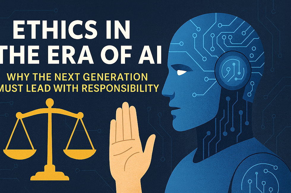 A graphic illustration showing AI technology balanced with human ethics, emphasizing responsible innovation for the next generation.