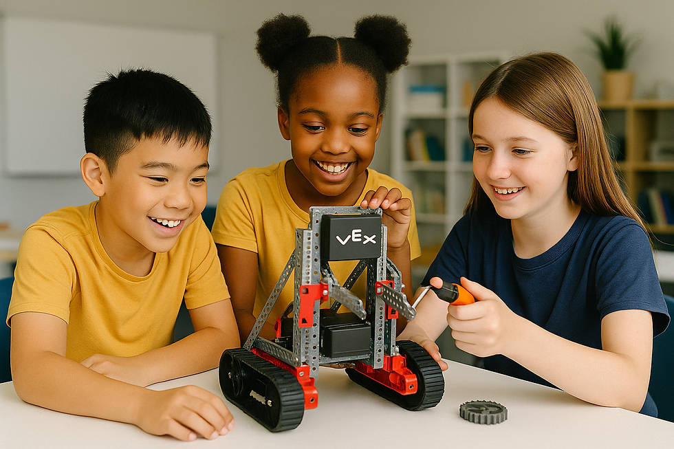 Elementary students collaborating to build a VEX IQ robot in a classroom, developing engineering and problem-solving skills through hands-on STEM learning.