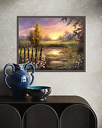 Golden Meadow by Marion Dutton, 16x20 oil painting of a sunset meadow with pond and wildflowers, 2025