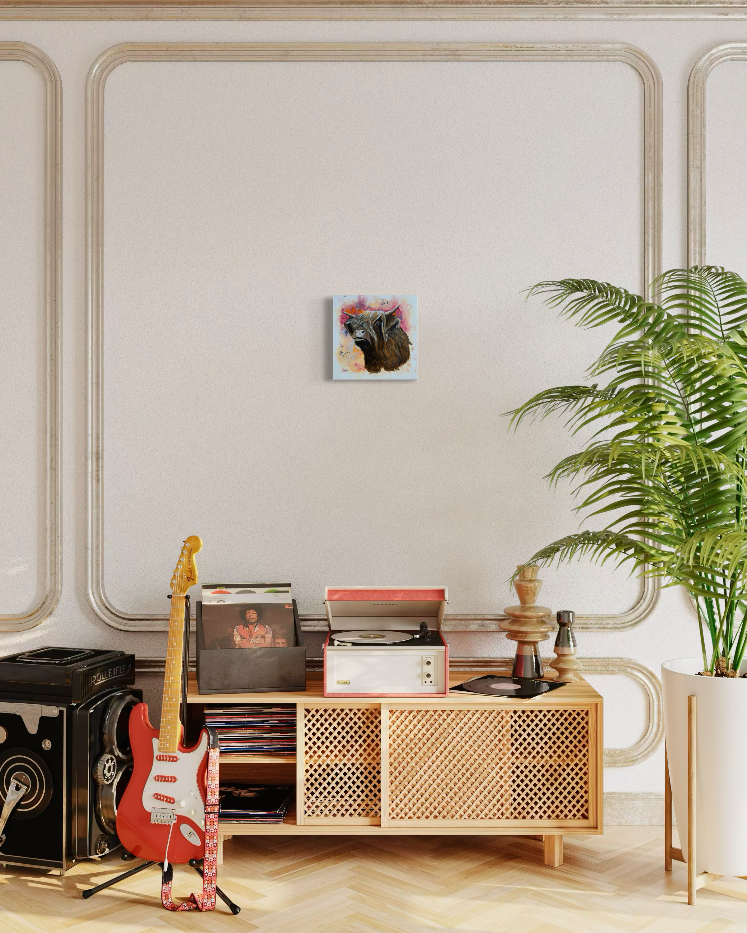 Highland Coo cow painting by Hope Blakely displayed in a music room.