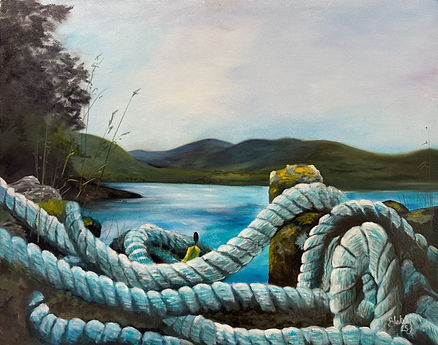 Original oil painting of coiled harbor rope beside calm blue water, inspired by the northern coast of Ireland, by Hope Blakely.
