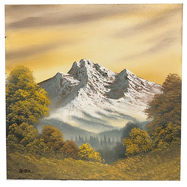 Yellow Mountain oil painting for sale Dana Jester. A large distant mountain engulfed in the yellow that touches everything