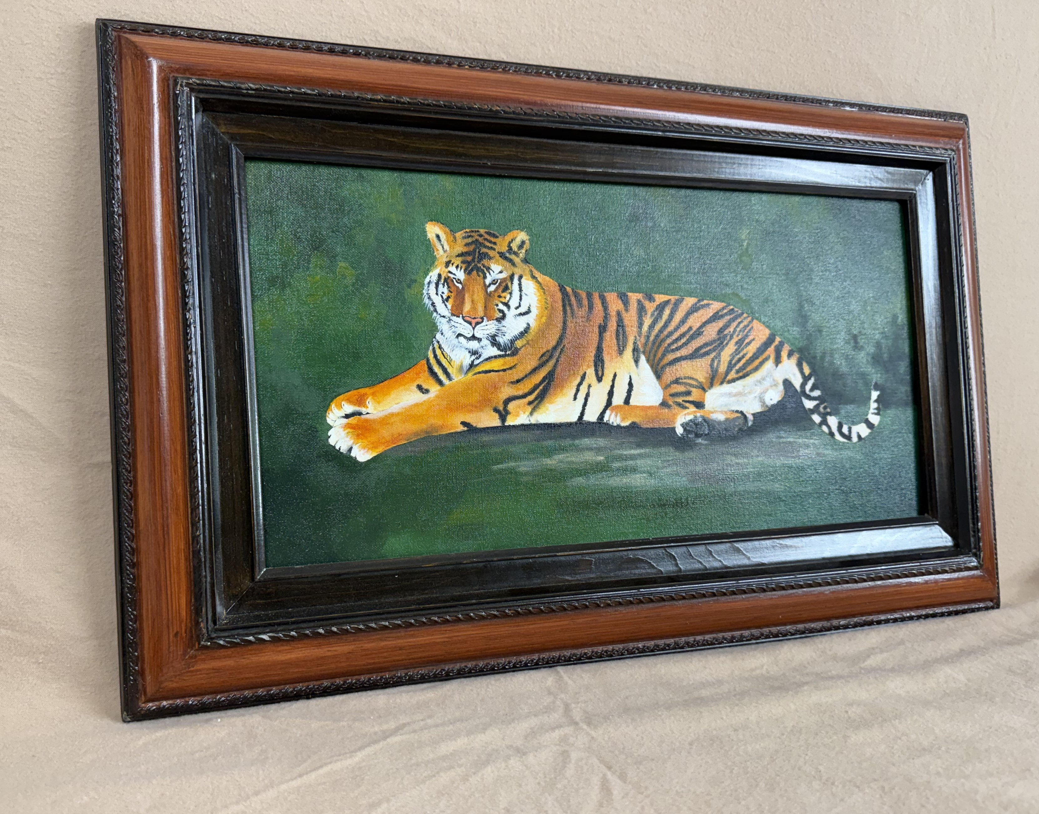 Sanctuary is an original oil painting of a bengal tiger that lives at the Wildlife Sanctuary in Colorado. orange green