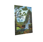 Bob Ross-style mountain landscape with a dramatic central waterfall and forested riverbanks, painted in oil