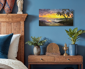 Serene seascape with sunset reflections, foamy surf, and lush tropical foliage painted in Hope Blakely’s style
