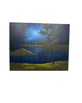 A luminous blue forest scene with a leaning pine tree near a still pond under moonlit sky