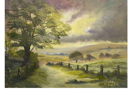 Pathway to Peace, 12x16 oil painting of English countryside with path, tree, and rustic fence.