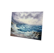Oil painting of crashing ocean waves on a rocky coastline under a stormy sky, with birds flying in the distance.