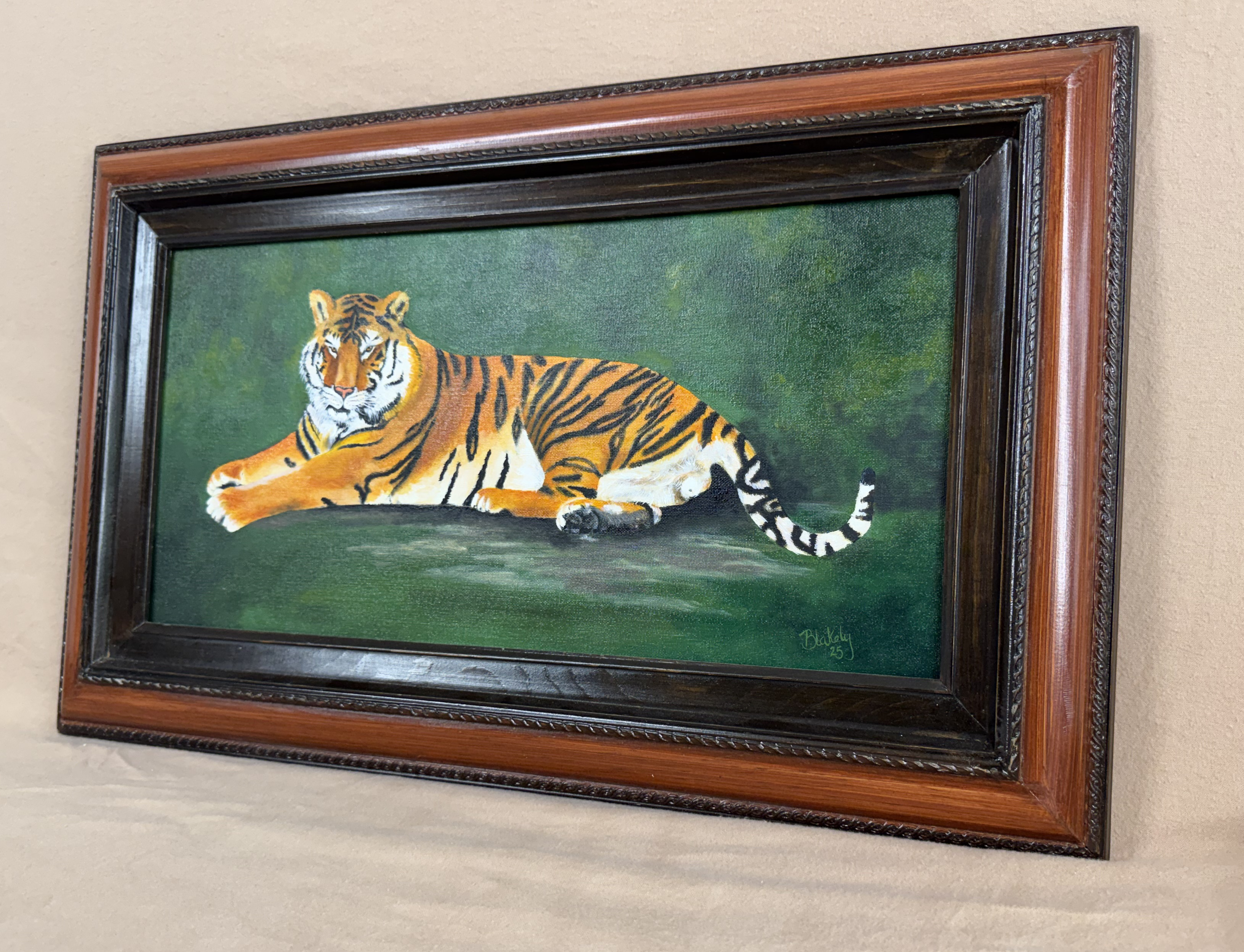 Sanctuary is an original oil painting of a bengal tiger that lives at the Wildlife Sanctuary in Colorado. orange green