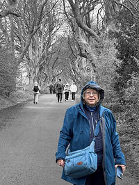 Mickey Cline standing along a famous tree-lined road in Ireland during a trip after painting in England.