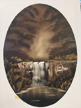 Sepia-toned Bob Ross–style woodland waterfall painted by Hope Blakely in 2017 during certification training with Doug Halgren in Florida.