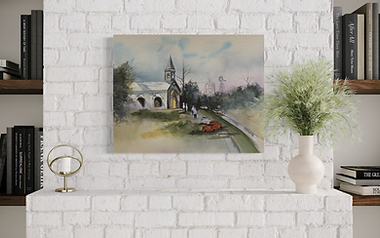 Watercolor painting of a countryside chapel with vintage cars parked in front, painted by Hope Blakely during a Mark Polomchak workshop.