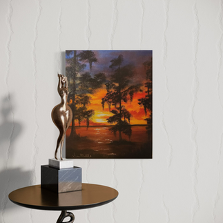 Original oil painting of a quiet riverbank at sunset with soft light, silhouetted trees, and gentle ripples on the water