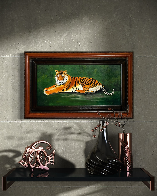 Sanctuary is an original oil painting of a bengal tiger that lives at the Wildlife Sanctuary in Colorado. orange green