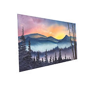 24x36 oil landscape of colorful sunrise over layered blue ridges and forest silhouettes, painted in Arvada, Colorado.
