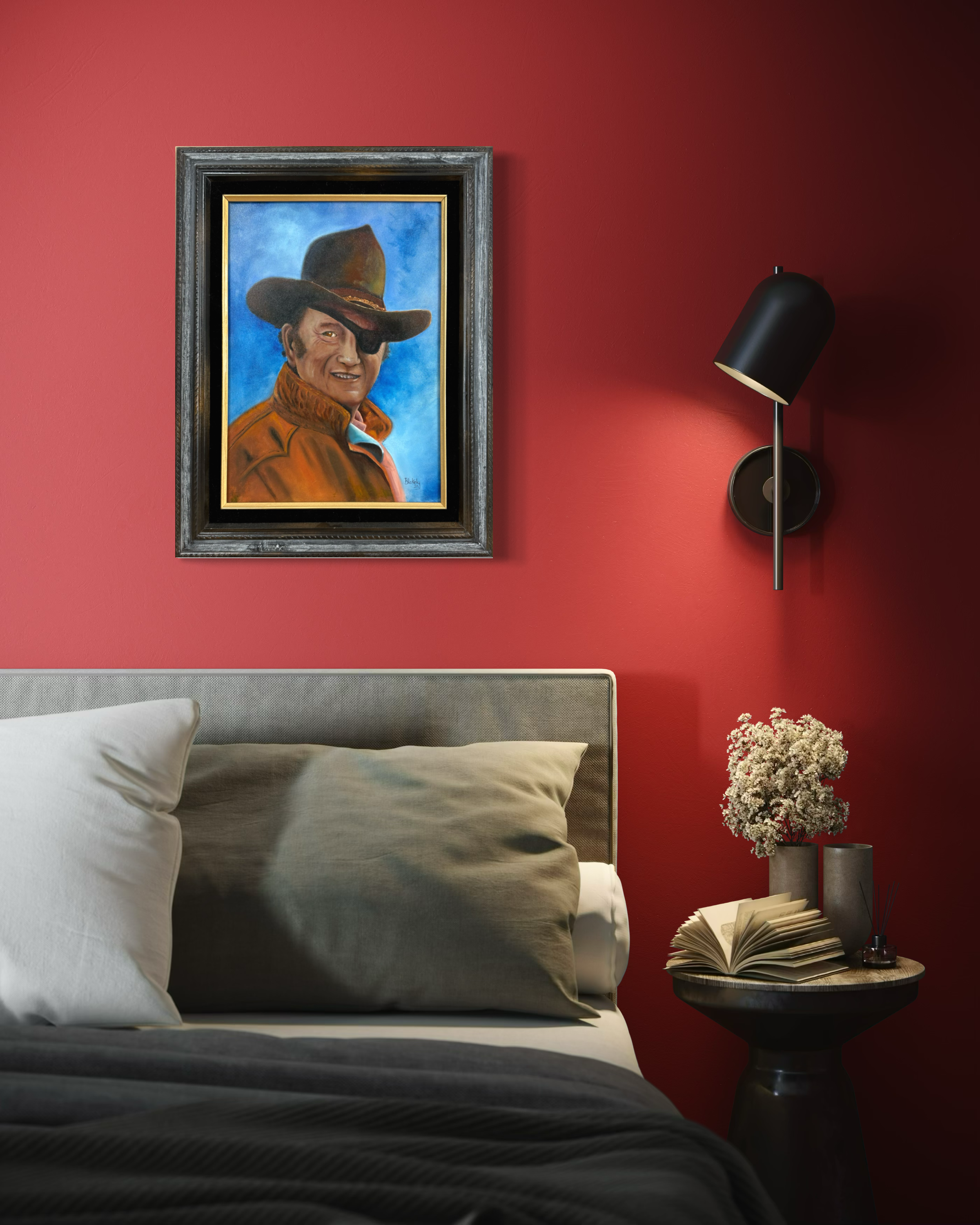 Interior display of The Duke, an original oil painting of John Wayne as Rooster Cogburn by Hope Blakely