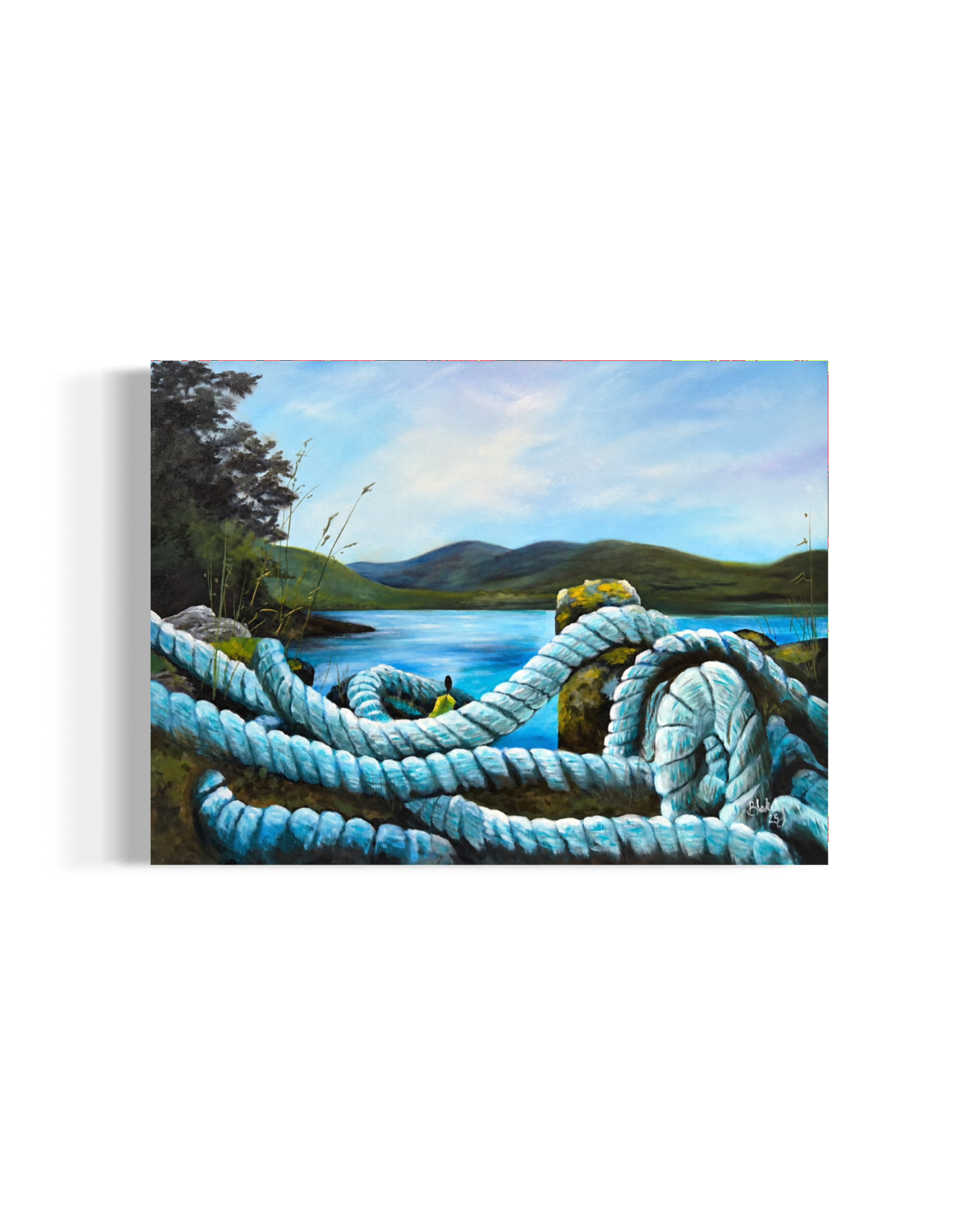 Heart Tethered by the Tide by Hope Blakely, straight-on seascape with thick blue rope along the shore.