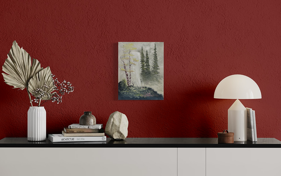 Misty landscape with birch trees, waterfall, and tall pines fading into haze.